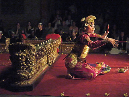 Sekehe Gong Panca Artha performs the Kebyar Trompong at Ubud Palace in Ubud, Bali, Indonesia.