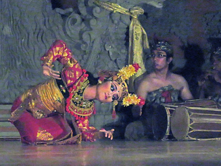 Sanggar Pondok Pekak performs the Legong Lasem dance at Bale Banjar Ubud Kelod in Ubud, Bali, Indonesia.