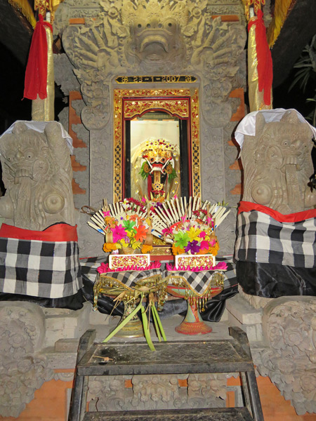 A shrine for Rangda at a Hindu temple ceremony at Pura Dalem Desa Pakraman Taman Kaja in Ubud, Bali, Indonesia.