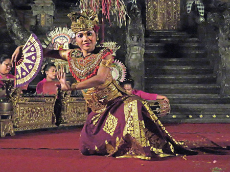 Chandra Wati performs the Taruna Jaya dance at the Water Palace in Ubud, Bali, Indonesia.