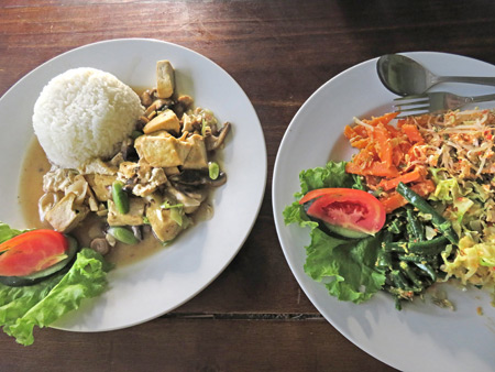 Tofu, mushrooms and rice, and Lawar Bali vegetables for lunch at Arimas Warung in Ubud, Bali, Indonesia.