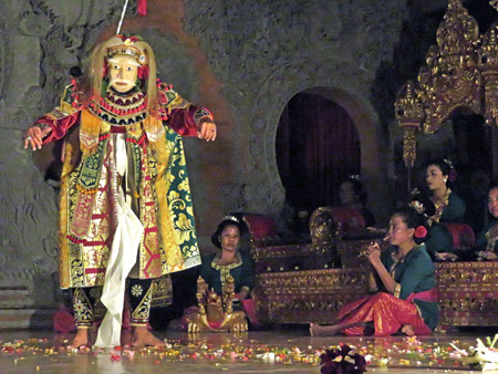 Luh Luwih performs the Topeng Tua dance at Bale Banjar Ubud Kelod in Ubud, Bali, Indonesia.