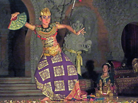 Luh Luwih performs the Taruna Jaya dance at Bale Banjar Ubud Kelod in Ubud, Bali, Indonesia.