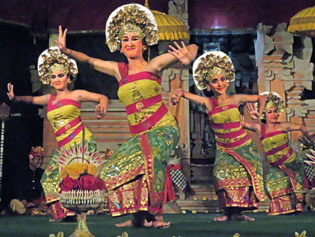 Semara Ratih performs the Gadung Melati dance at Jaba Pura Desa Kutuh in Ubud, Bali, Indonesia.