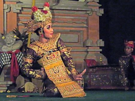 Semara Ratih performs the Legong Jobog dance at Jaba Pura Desa Kutuh in Ubud, Bali, Indonesia.
