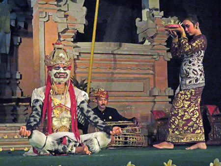 Semara Ratih performs the Hanoman the Monkey King dance at Jaba Pura Desa Kutuh in Ubud, Bali, Indonesia.