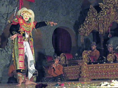 Sanggar Suwara Guna Kanti performs the Topeng Tua dance at Bale Banjar Ubud Kelod in Ubud, Bali, Indonesia.
