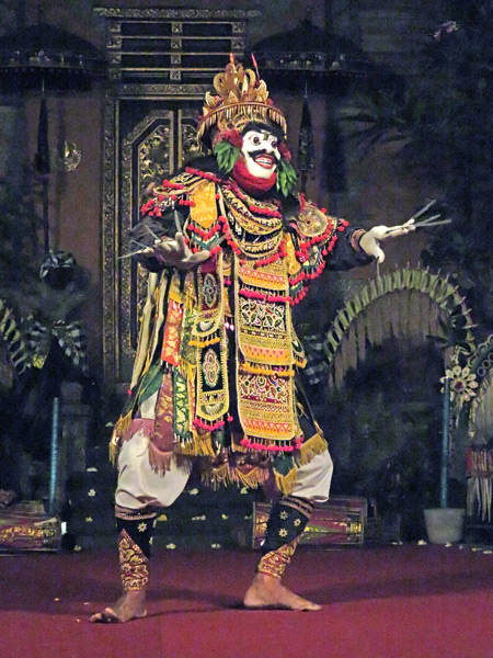 Sekehe Gong Panca Artha performs the Jauk dance at Ubud Palace in Ubud, Bali, Indonesia.