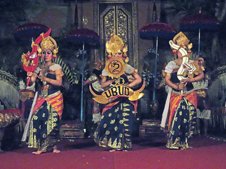 Sekehe Gong Panca Artha performs the Lencana Agung Ubud dance at Ubud Palace in Ubud, Bali, Indonesia.