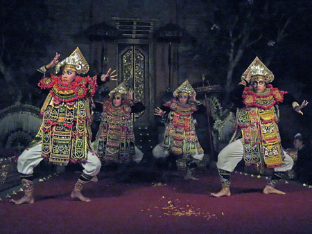 Sekaa Gong Jaya Swara Ubud perform the Baris dance at Ubud Palace in Ubud, Bali, Indonesia.