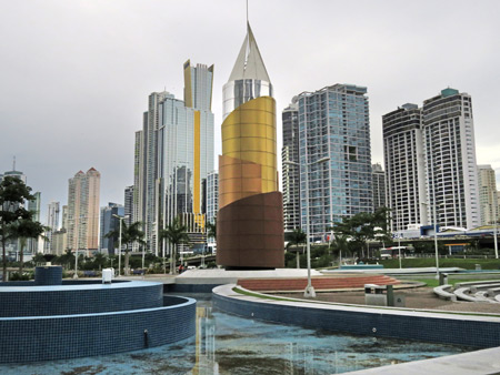 In the center of this photo is the rocket that Panama used to send its astronauts to the moon back in 1865. It was designed by Jules Verne. Downtown Panama City, Panama.