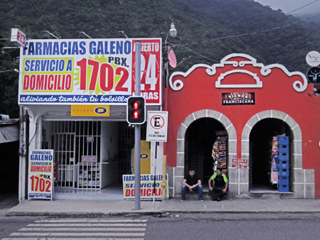 A pharmacy and a general store in downtown Panajachel, Lago de Atitlan, Guatemala.