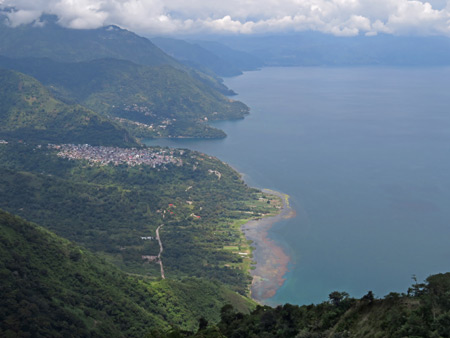 A view of Santa Clara from the lookout point on Indian's Nose at Lago de Atitlan, Guatemala.