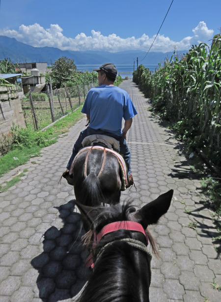 Moises leads the way down to the lake shore on a horse ride in San Pedro, Lago de Atitlan, Guatemala.