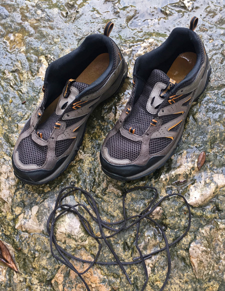 Hiking shoes I cleaned by hand in the Lanquin river in Lanquin, Guatemala.