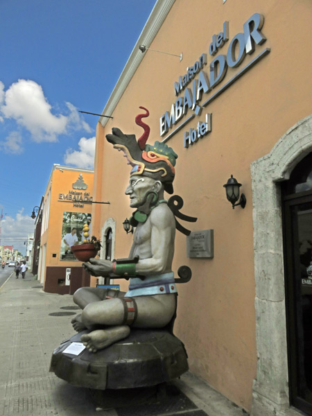 A sculpture of a Mayan man in Merida, Mexico.