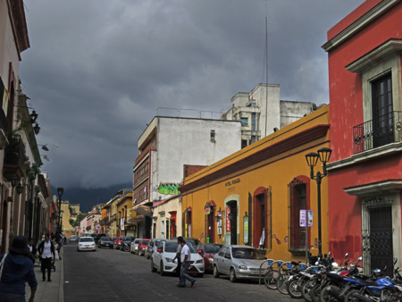 A nice contrast of sunlight and black clouds in Oaxaca City, Mexico.