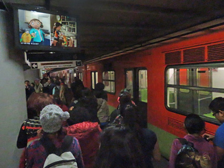 A crowded subway platform in Mexico City, Mexico.
