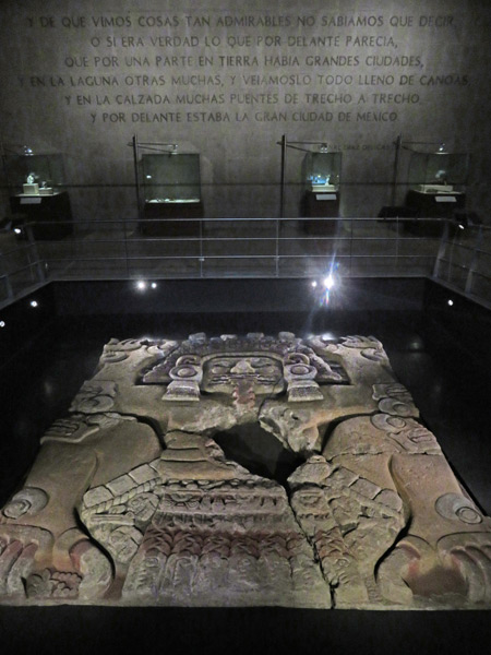A large Aztec sculpture on the ground floor of the Museo Templo Mayor in Mexico City, Mexico.