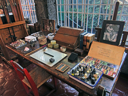 Frida Kahlo's art table at the Frida Kahlo Museum in Mexico City, Mexico.