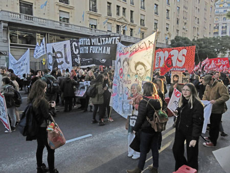 Women stage a protest parade near the Plaza de Mayo in Buenos Aires, Argentina.