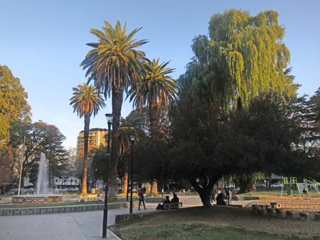 Sunset at Plaza Chile in Mendoza, Argentina.