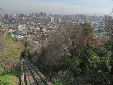 Looking down the funicular track on Cerro San Cristobal in Santiago, Chile.