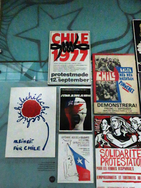 A collection of posters protesting Augusto Pinochet's 1973-1990 military dictatorship in Chile at the Museo de la Memoria y Los Derechos Humanas in Yungay, Santiago, Chile.