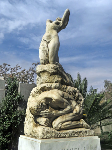 A statue depicting joy and sorrow at the Cementerio General de Santiago, Chile.