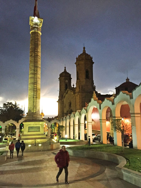 The Obelisco Potosi all lit up at night in Potosi, Bolivia.