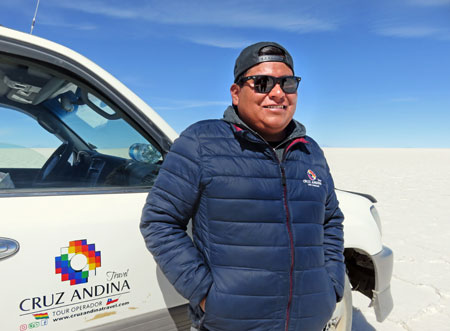 The Cruz Andina tour guide Magic Mike on the Salar de Uyuni, Bolivia.