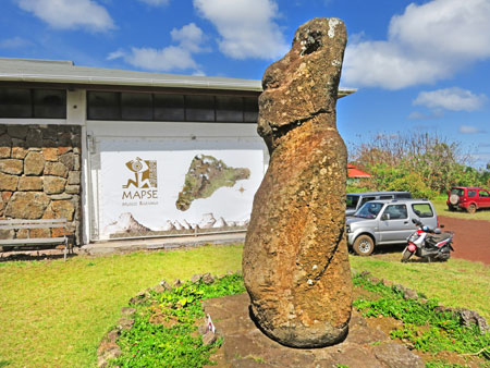 A Moai in front of the Museo Rapa Nui in Hanga Roa, Rapa Nui, Chile.