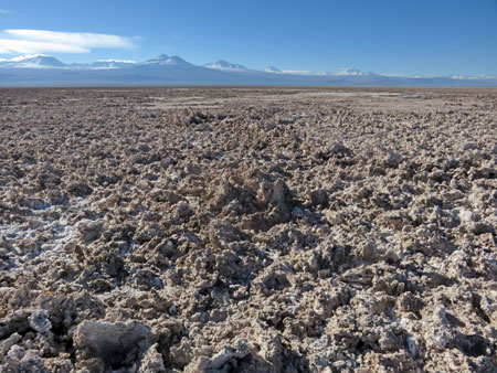 The rough, thick surface of the salt flats at the Salar de Atacama, Chile.