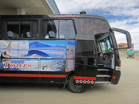 A Diana Tours bus en route from La Paz to Copacabana, Bolivia.