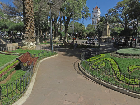The picturesque Plaza 25 de Mayo in Sucre, Bolivia.
