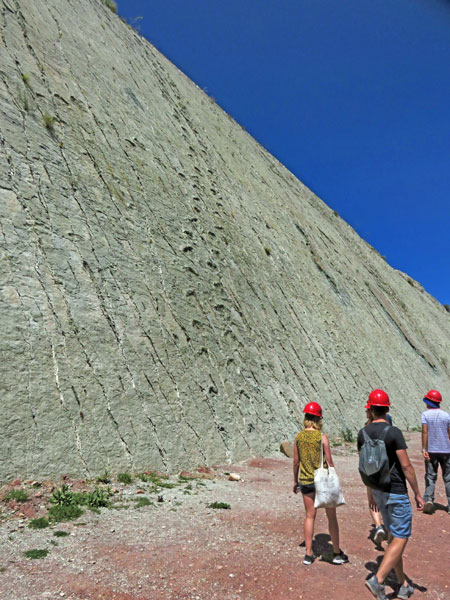 A non-string quartet of humans passes by the wall of dinosaur footprints at Parque Cretacico in Sucre, Bolivia.